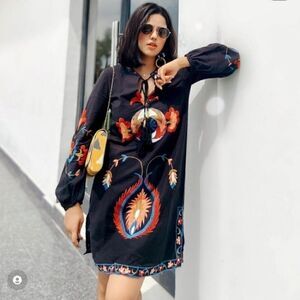 Zara Cotton Linen Embroidered Tunic Size Small